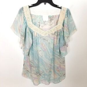 Anna Sui Anthropologie Women's Watercolor Suminagashi 100% Silk Blouse Top Boho
